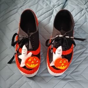 Women's Black and Orange Halloween Sneakers with Ghost & Pumpkin Accent